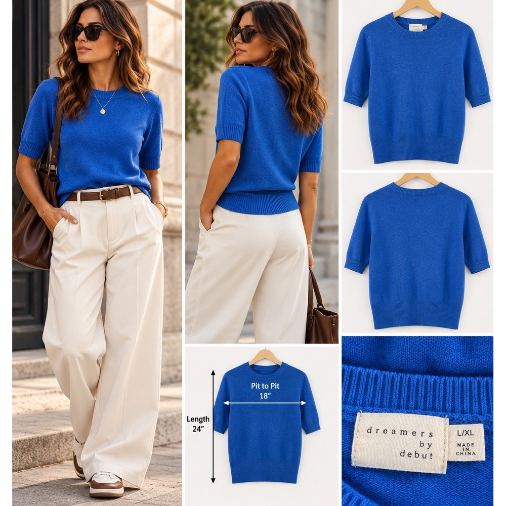 Dreamers by Debut Cobalt Blue Sweater Tee L XL Short Sleeve Knit Quiet Luxury